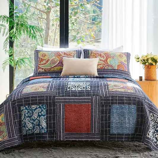 3-Piece Queen Size Bohemian Quilted Duvet Cover and Sheet Set - Lightweight and Breathable Double-Sided Design