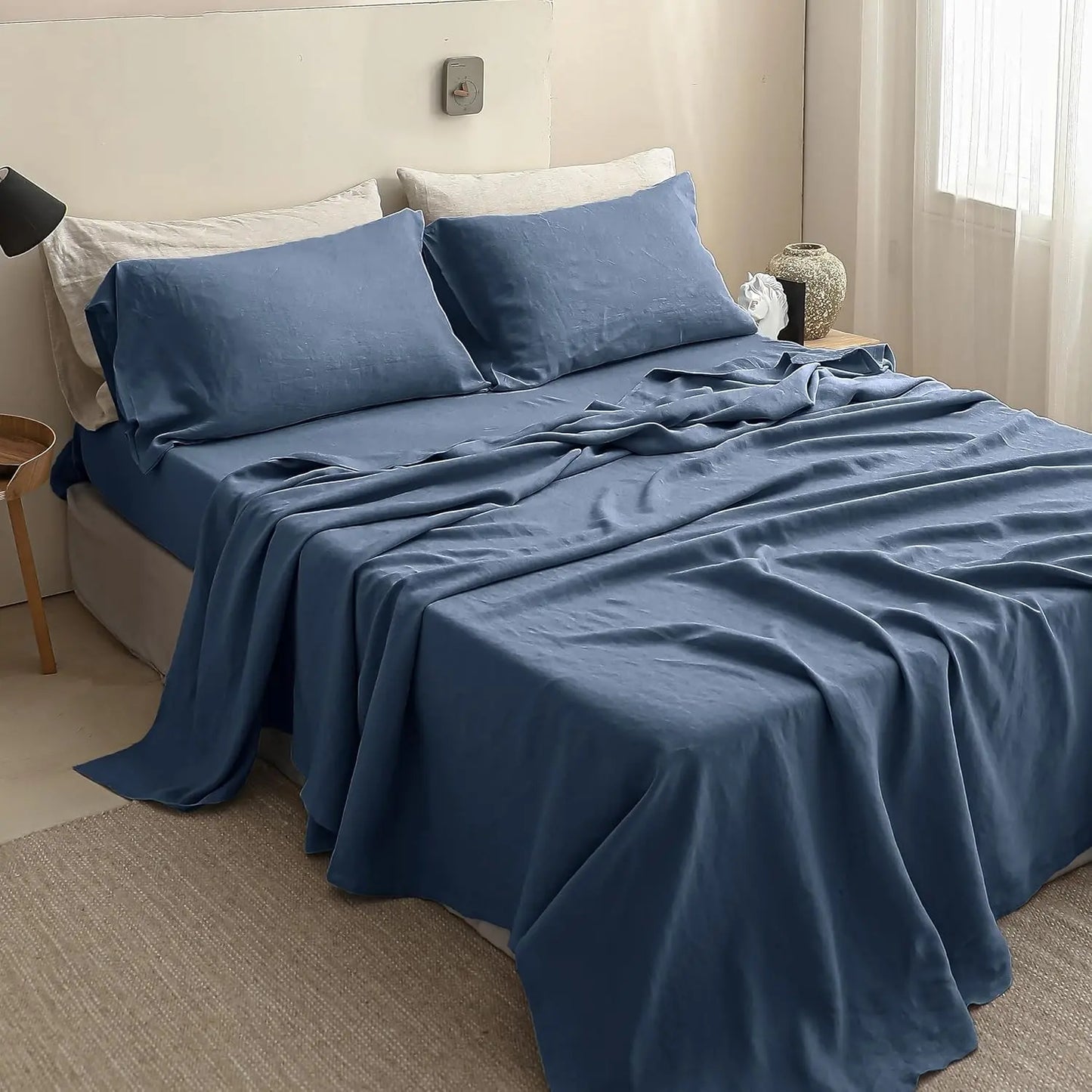 100% Linen 4-Piece Bed Sheet Set — 1 Flat Sheet, 1 Fitted Sheet & 2 Pillowcases — Breathable, Moisture-Wicking, Soft & Durable Bedding