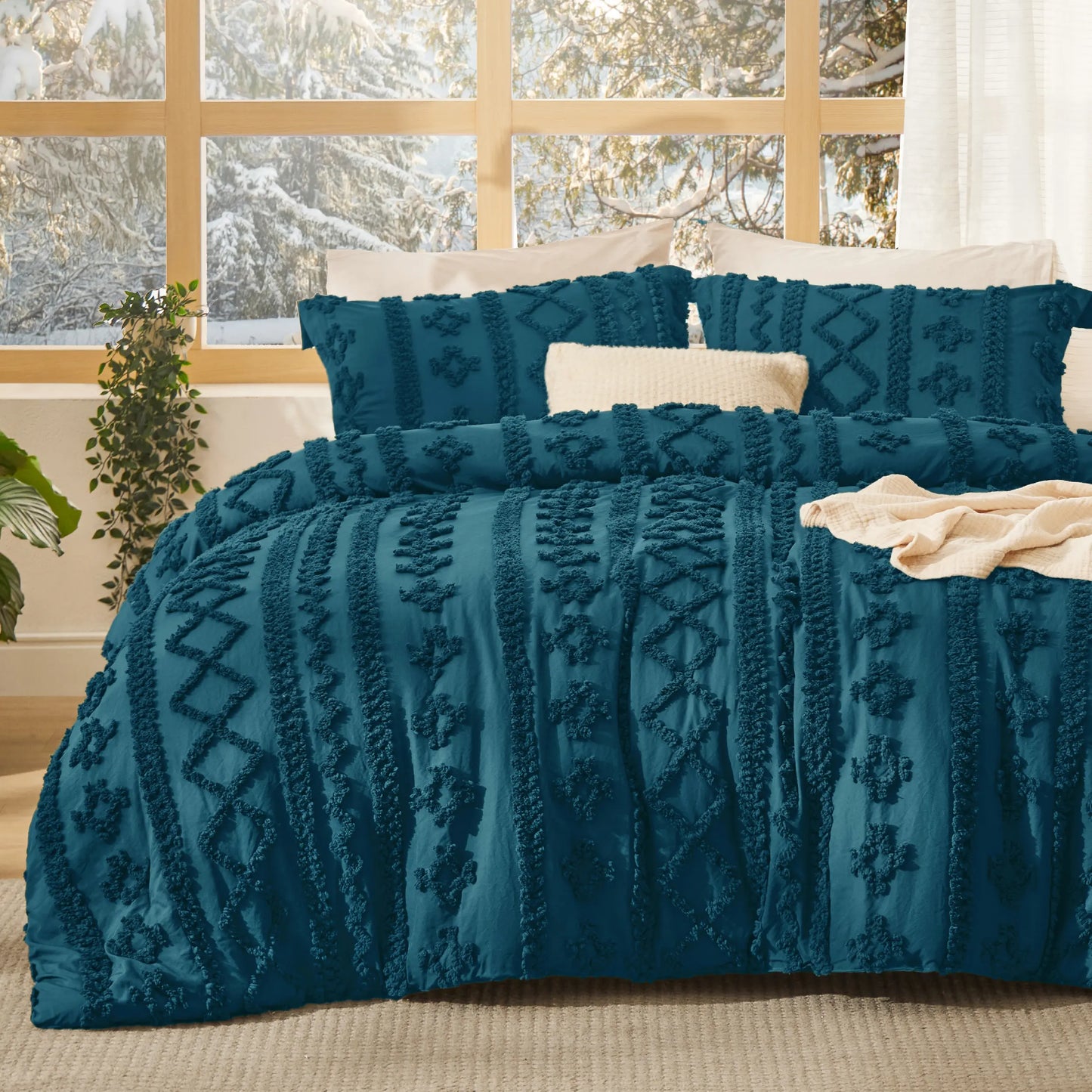 Tufted Bohemian Bedding Set 3-Piece – Breathable Comforter with 2 Pillowcases