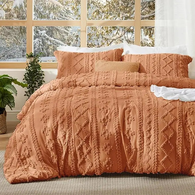 Tufted Bohemian Bedding Set 3-Piece – Breathable Comforter with 2 Pillowcases