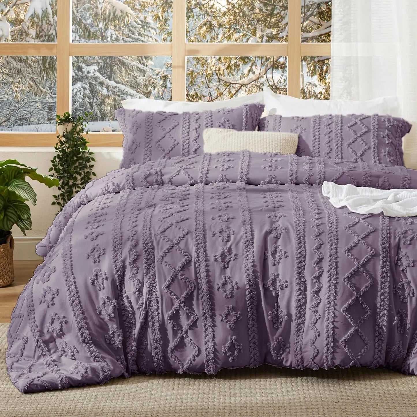 Tufted Bohemian Bedding Set 3-Piece – Breathable Comforter with 2 Pillowcases
