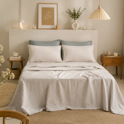 100% Linen 4-Piece Bed Sheet Set — 1 Flat Sheet, 1 Fitted Sheet & 2 Pillowcases — Breathable, Moisture-Wicking, Soft & Durable Bedding