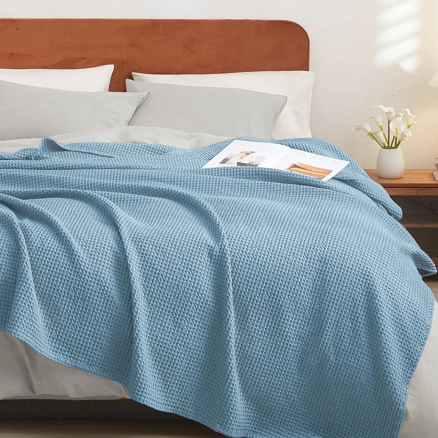 100% Cotton Weave Waffle Blanket, Aesthetic Soft Lightweight and Breathable Blanket