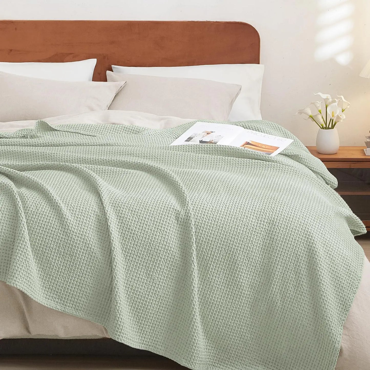100% Cotton Weave Waffle Blanket, Aesthetic Soft Lightweight and Breathable Blanket