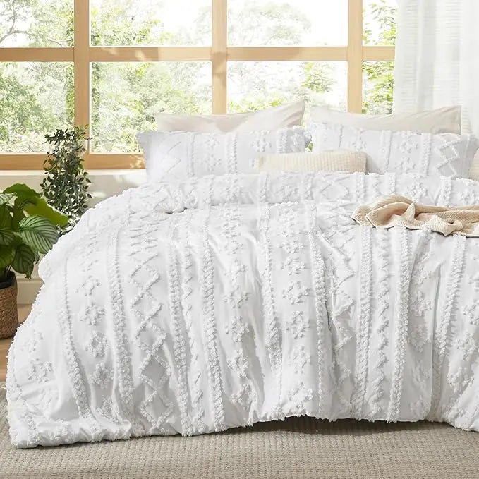 Tufted Bohemian Bedding Set 3-Piece – Breathable Comforter with 2 Pillowcases