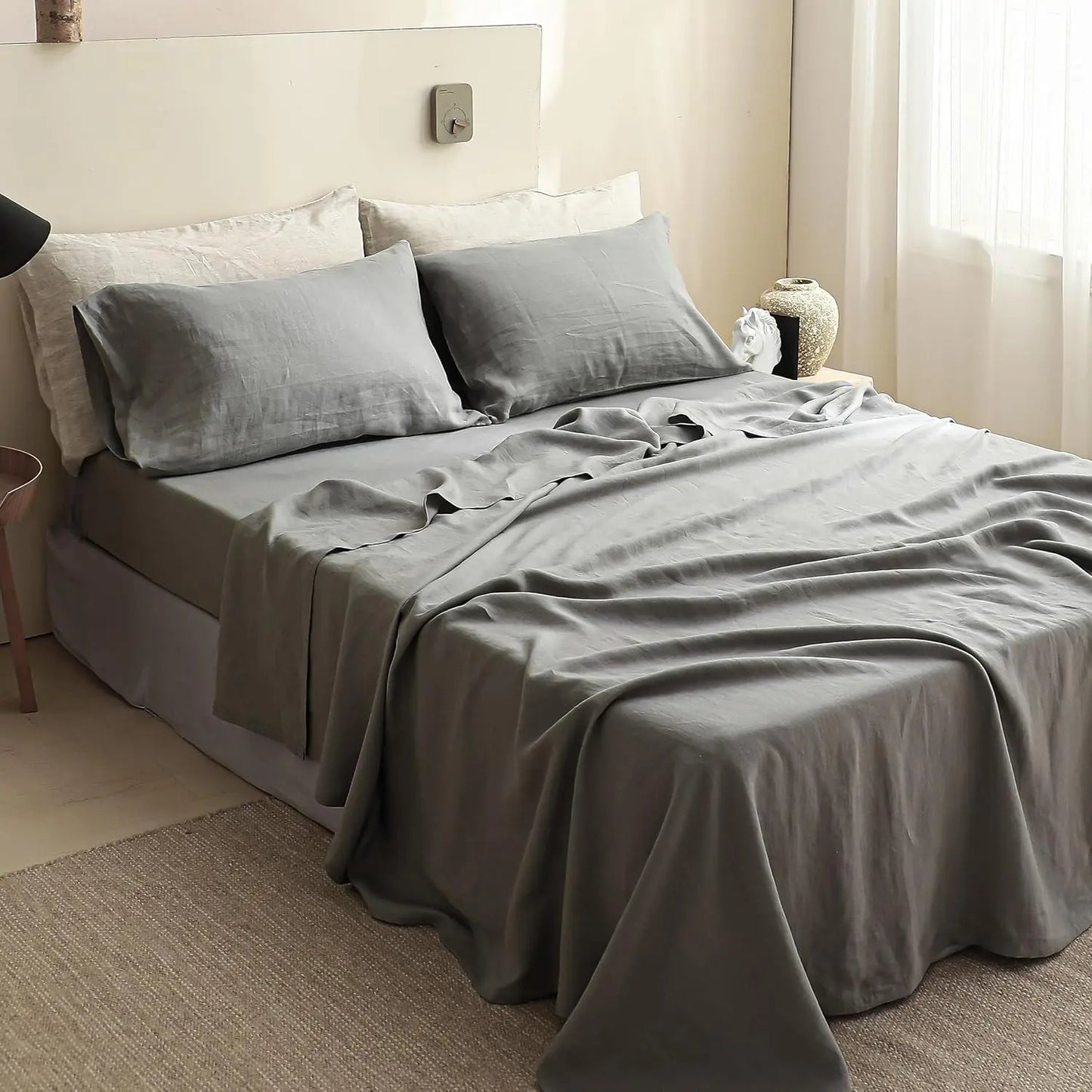 100% Linen 4-Piece Bed Sheet Set — 1 Flat Sheet, 1 Fitted Sheet & 2 Pillowcases — Breathable, Moisture-Wicking, Soft & Durable Bedding