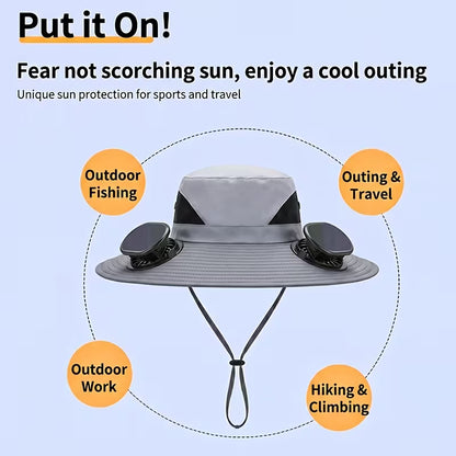 Solar Fan Hat — featuring a solar-powered fan and USB charging design, with a lightweight wide brim.