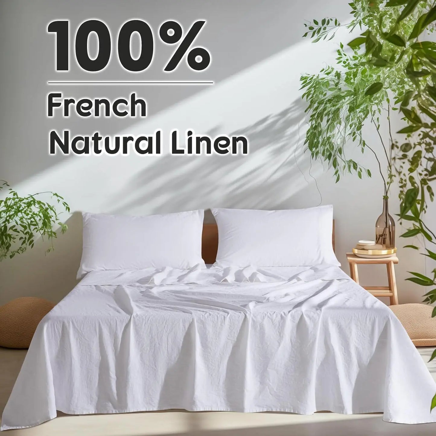 Natural Linen 4-Piece Sheet Set – 1 Fitted Sheet, 1 Flat Sheet & 2 Pillowcases – Cooling, Breathable & Machine Washable – 16 Inch Deep Pocket