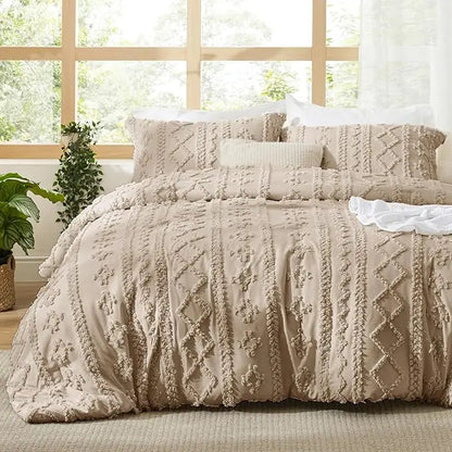 Tufted Bohemian Bedding Set 3-Piece – Breathable Comforter with 2 Pillowcases