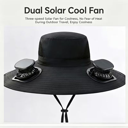 Solar Fan Hat — featuring a solar-powered fan and USB charging design, with a lightweight wide brim.