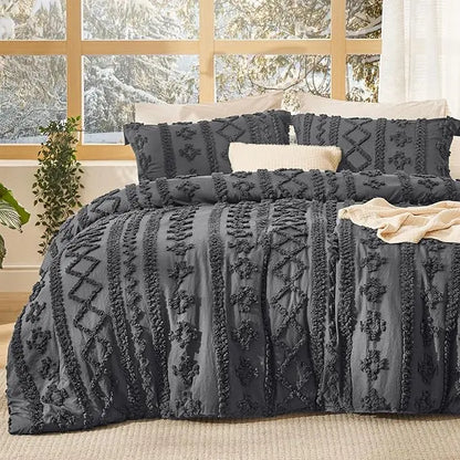 Tufted Bohemian Bedding Set 3-Piece – Breathable Comforter with 2 Pillowcases
