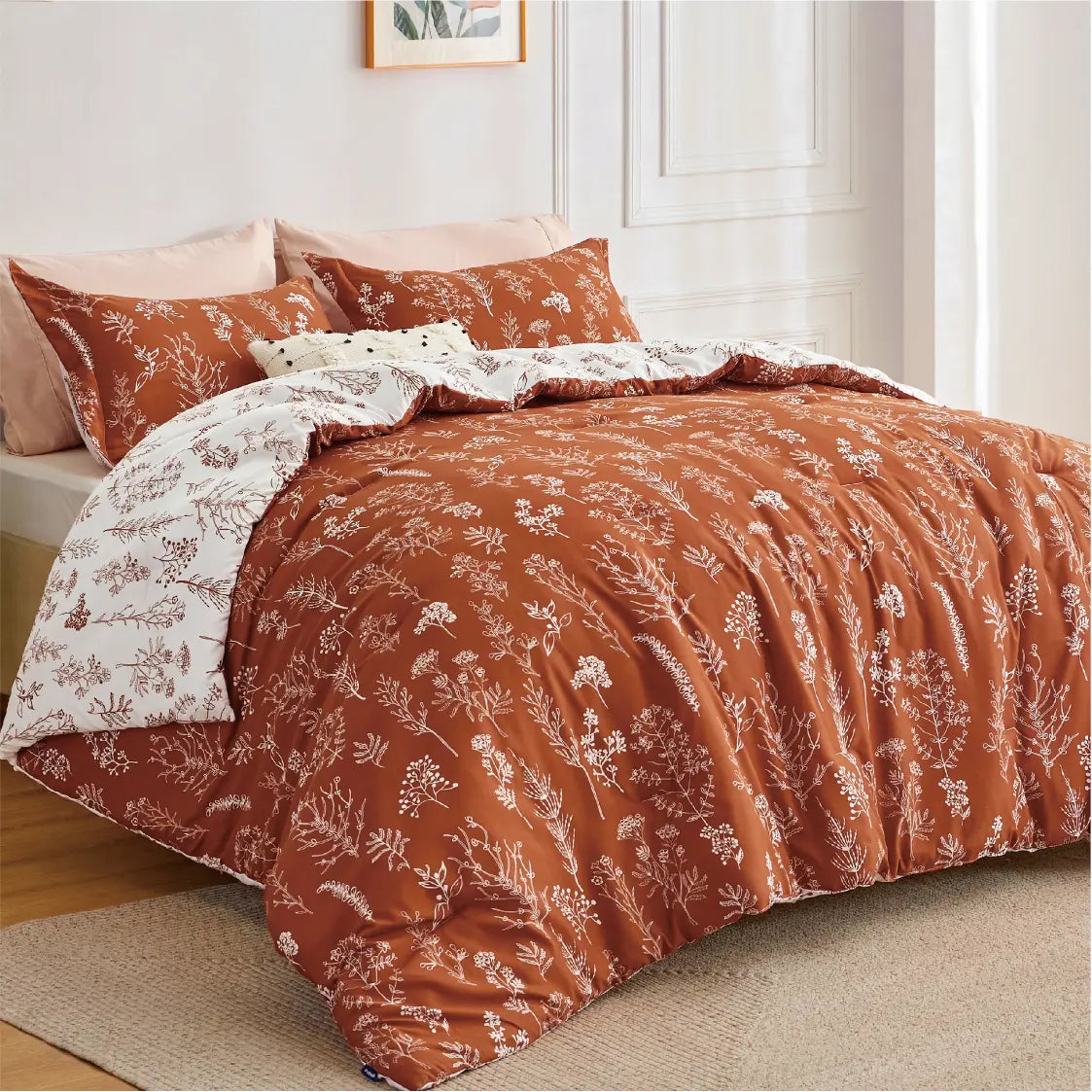 3 Pieces Cute Floral Bedding Reversible Comforter Set -Soft Bed Set, 1 Soft Botanical Flowers Comforter and 2 Pillow Shams