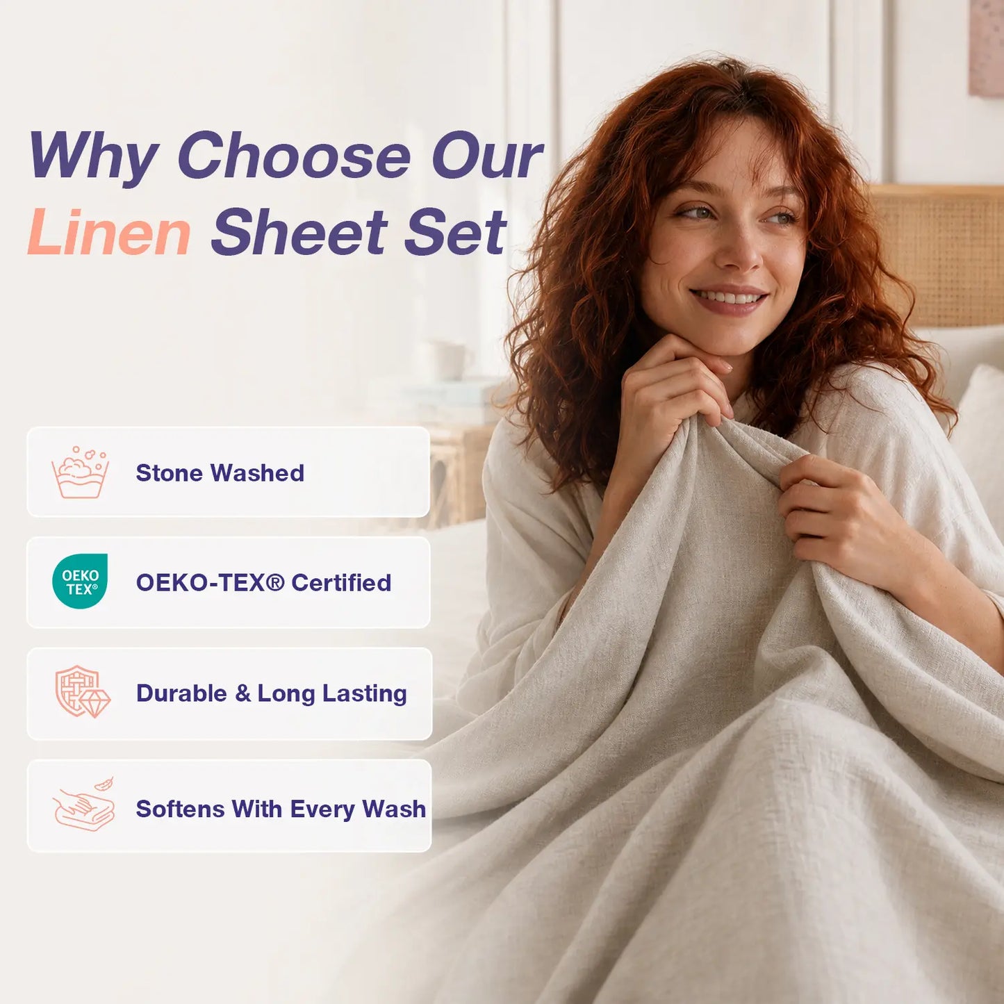 100% Linen 4-Piece Bed Sheet Set — 1 Flat Sheet, 1 Fitted Sheet & 2 Pillowcases — Breathable, Moisture-Wicking, Soft & Durable Bedding