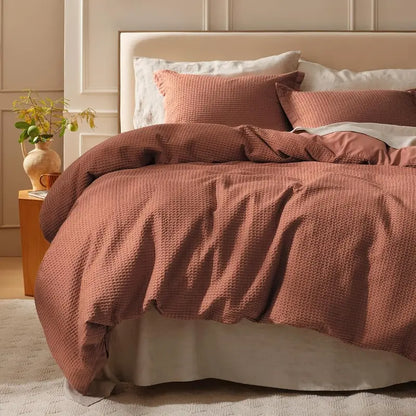100% Cotton Waffle Duvet Cover Set, Breathable & Comfortable — Includes 1 Soft Comforter and 2 Pillowcases