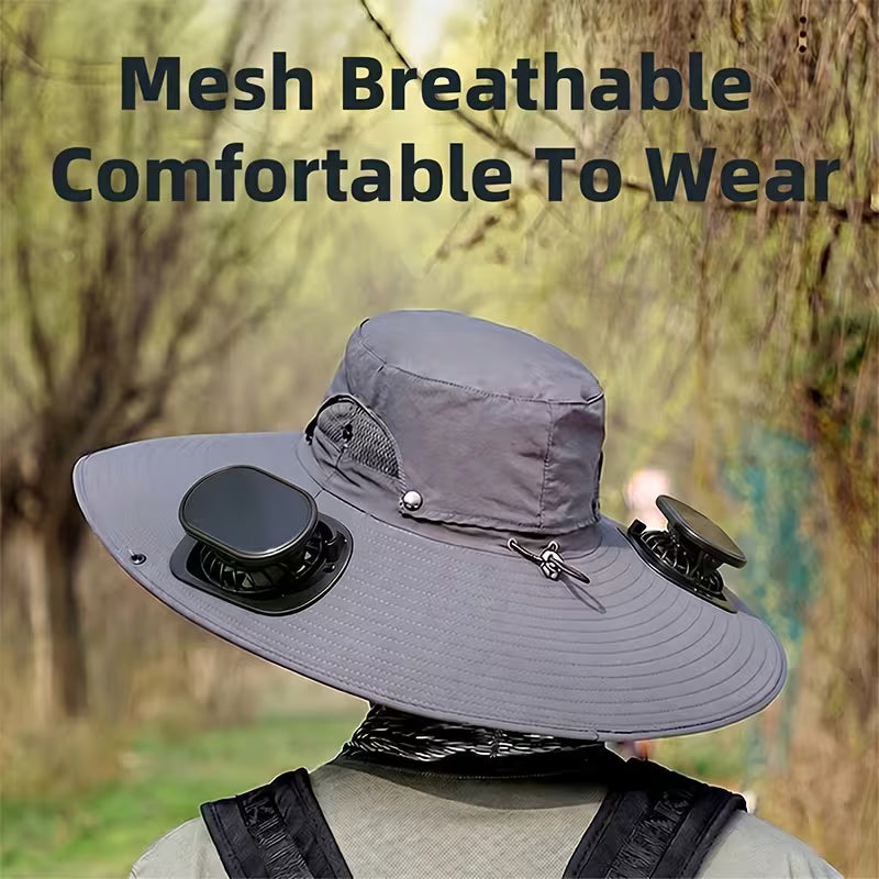 Solar Fan Hat — featuring a solar-powered fan and USB charging design, with a lightweight wide brim.