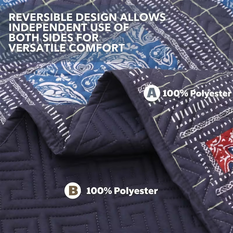 3-Piece Queen Size Bohemian Quilted Duvet Cover and Sheet Set - Lightweight and Breathable Double-Sided Design