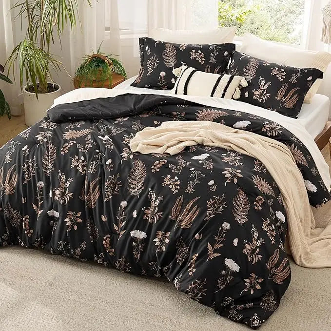 3 Pieces Cute Floral Bedding Reversible Comforter Set -Soft Bed Set, 1 Soft Botanical Flowers Comforter and 2 Pillow Shams