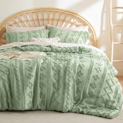Tufted Bohemian Bedding Set 3-Piece – Breathable Comforter with 2 Pillowcases