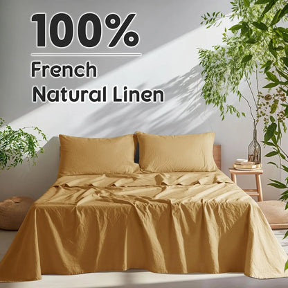 Natural Linen 4-Piece Sheet Set – 1 Fitted Sheet, 1 Flat Sheet & 2 Pillowcases – Cooling, Breathable & Machine Washable – 16 Inch Deep Pocket