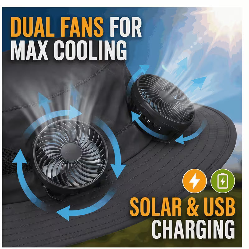 Solar Fan Hat — featuring a solar-powered fan and USB charging design, with a lightweight wide brim.
