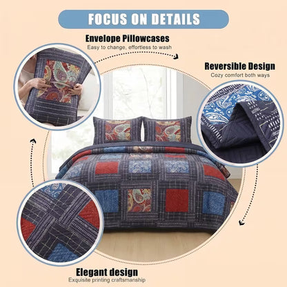 3-Piece Queen Size Bohemian Quilted Duvet Cover and Sheet Set - Lightweight and Breathable Double-Sided Design