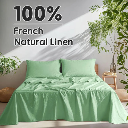Natural Linen 4-Piece Sheet Set – 1 Fitted Sheet, 1 Flat Sheet & 2 Pillowcases – Cooling, Breathable & Machine Washable – 16 Inch Deep Pocket