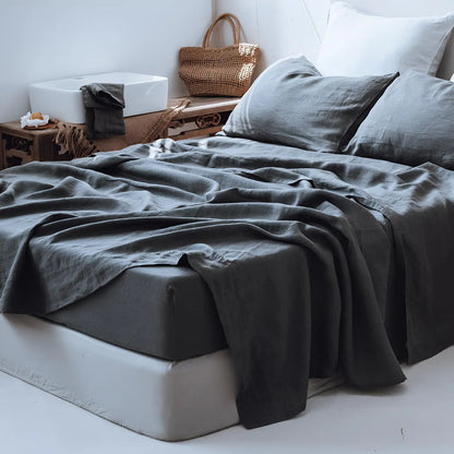 100% Linen 4-Piece Bed Sheet Set — 1 Flat Sheet, 1 Fitted Sheet & 2 Pillowcases — Breathable, Moisture-Wicking, Soft & Durable Bedding