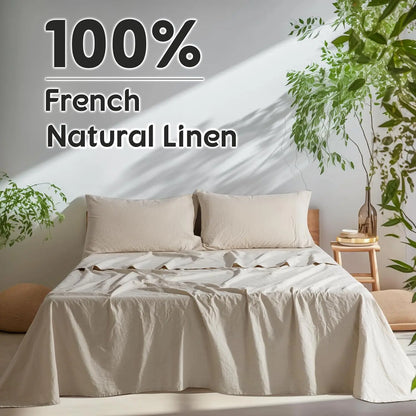 Natural Linen 4-Piece Sheet Set – 1 Fitted Sheet, 1 Flat Sheet & 2 Pillowcases – Cooling, Breathable & Machine Washable – 16 Inch Deep Pocket