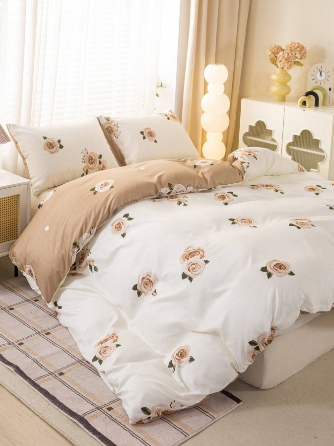 3pcs/Set Floral Leaf Pattern Duvet Cover Set(1 Duvet Cover & 2 Pillowcase)Soft And Skin-Friendly Duvet Cover Bedding Set For Home