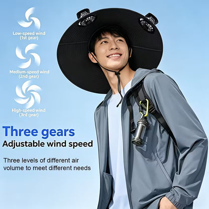 Solar Fan Hat — featuring a solar-powered fan and USB charging design, with a lightweight wide brim.