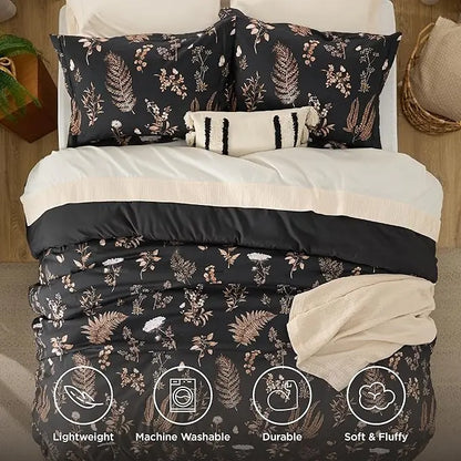 3 Pieces Cute Floral Bedding Reversible Comforter Set -Soft Bed Set, 1 Soft Botanical Flowers Comforter and 2 Pillow Shams