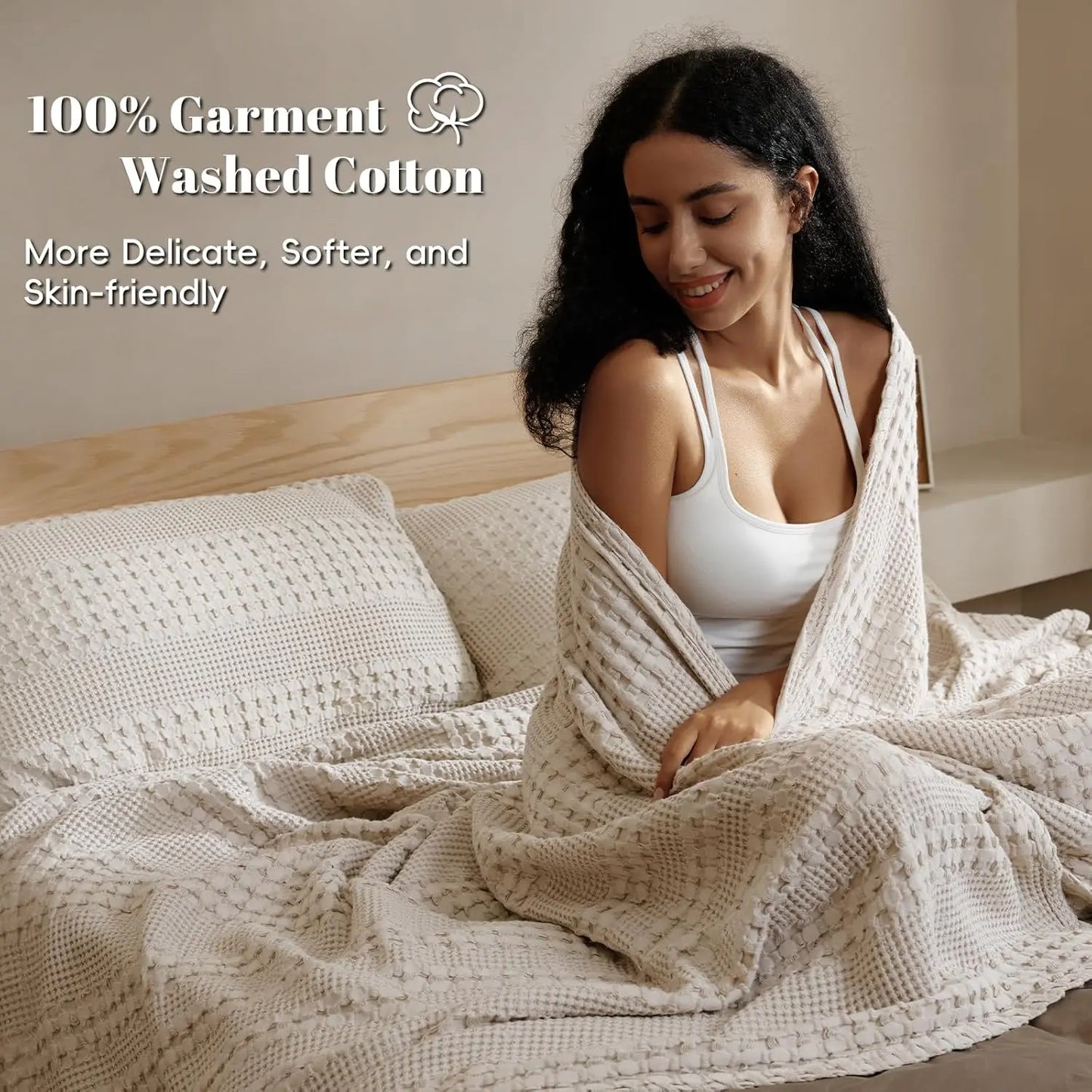100% Cotton Weave Waffle Blanket, Aesthetic Soft Lightweight and Breathable Blanket
