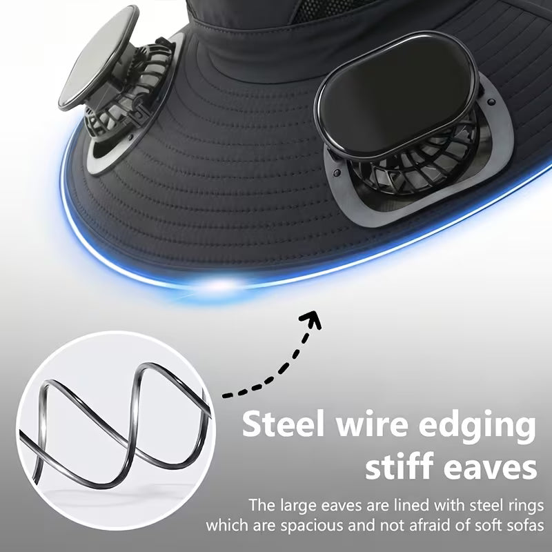 Solar Fan Hat — featuring a solar-powered fan and USB charging design, with a lightweight wide brim.
