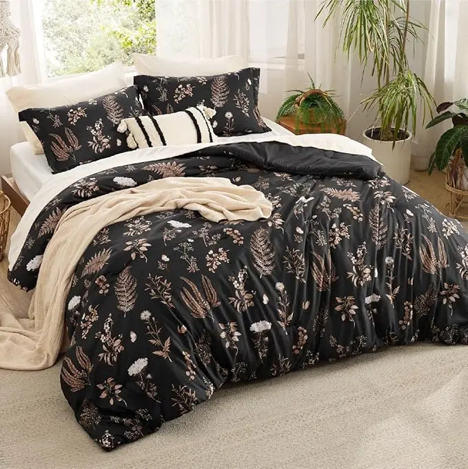 3 Pieces Cute Floral Bedding Reversible Comforter Set -Soft Bed Set, 1 Soft Botanical Flowers Comforter and 2 Pillow Shams