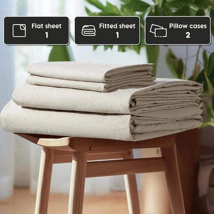 Natural Linen 4-Piece Sheet Set – 1 Fitted Sheet, 1 Flat Sheet & 2 Pillowcases – Cooling, Breathable & Machine Washable – 16 Inch Deep Pocket